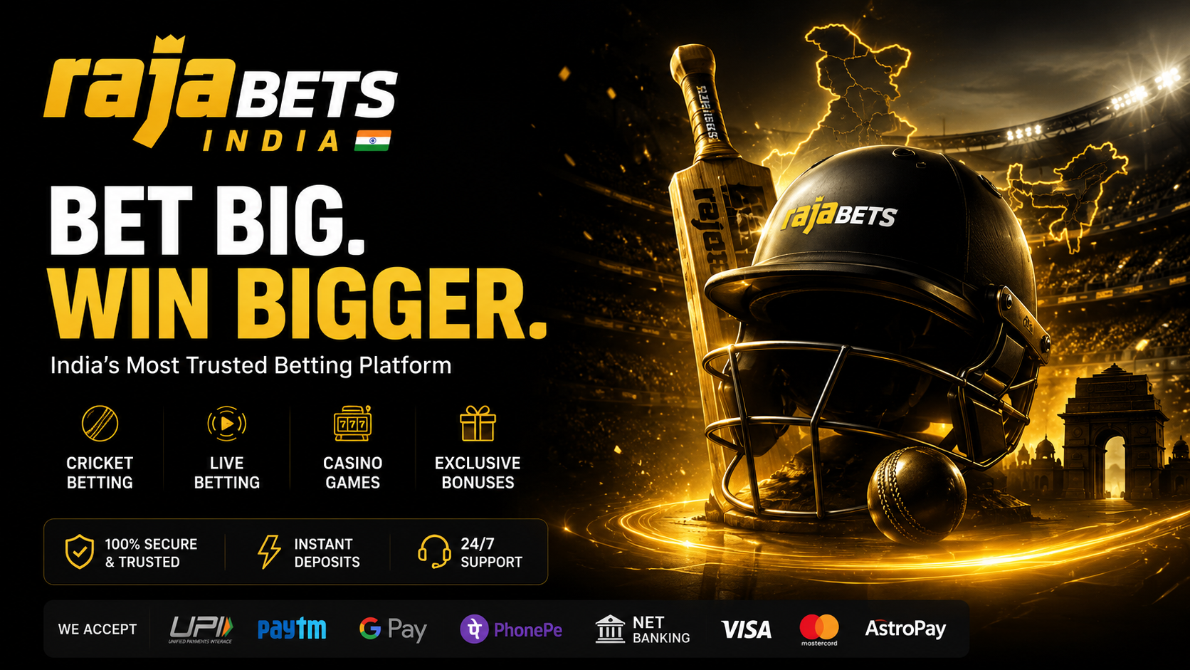 Rajabets India sportsbook and casino website with mobile betting app, cricket betting markets, live casino games, and secure online payments