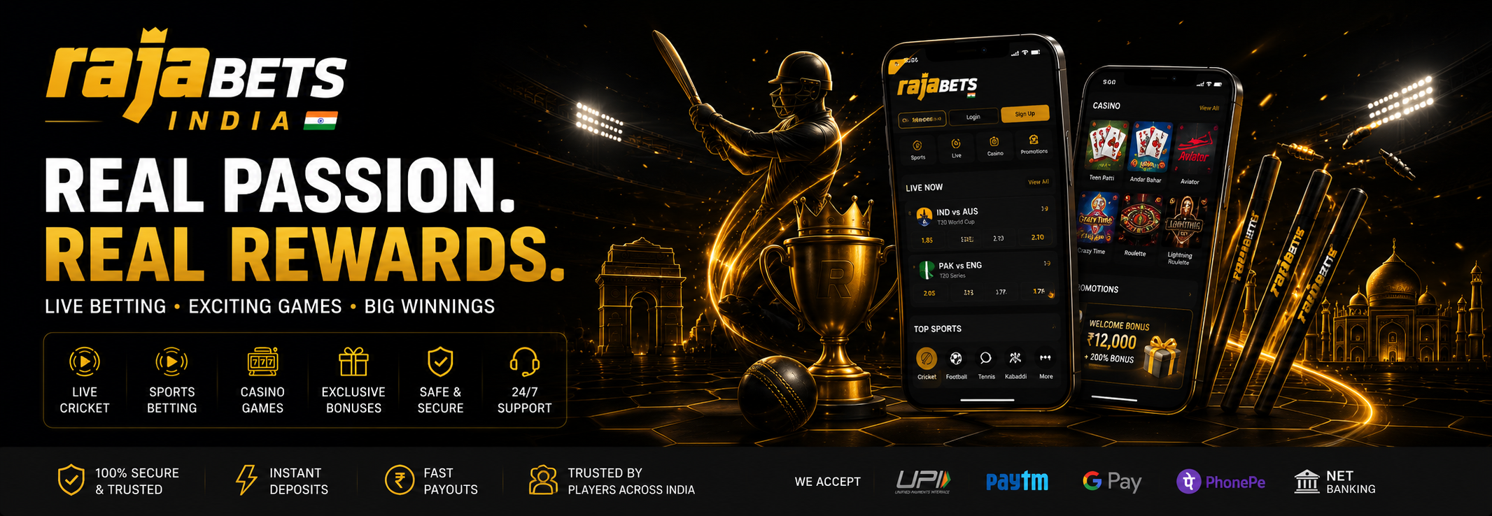 Rajabets India online betting platform featuring IPL sportsbook, live dealer casino tables, fast withdrawals, and mobile casino experience for Indian users